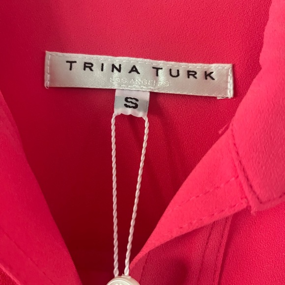 Bright pink Trina Turk shirt dress with button and drawstring.  Size small - Picture 3 of 6